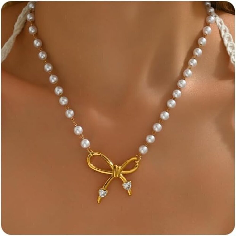 🆕 Women Gold Bow Pearl Choker Necklace Dainty Fruit Charms Cherry Cuban Jewelry